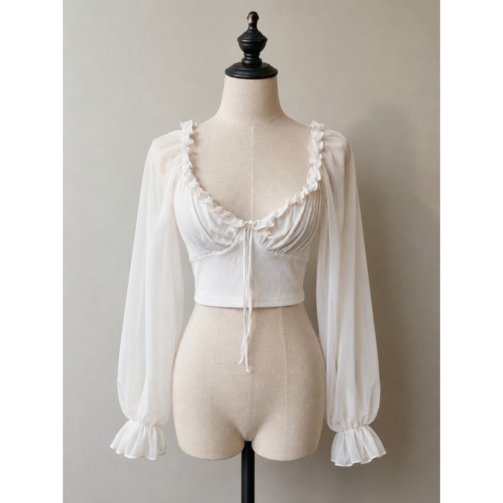 Cream Off The Shoulder Crop Top Ribbed Knit Sheer Chiffon Balloon Sleeve Ruffle
